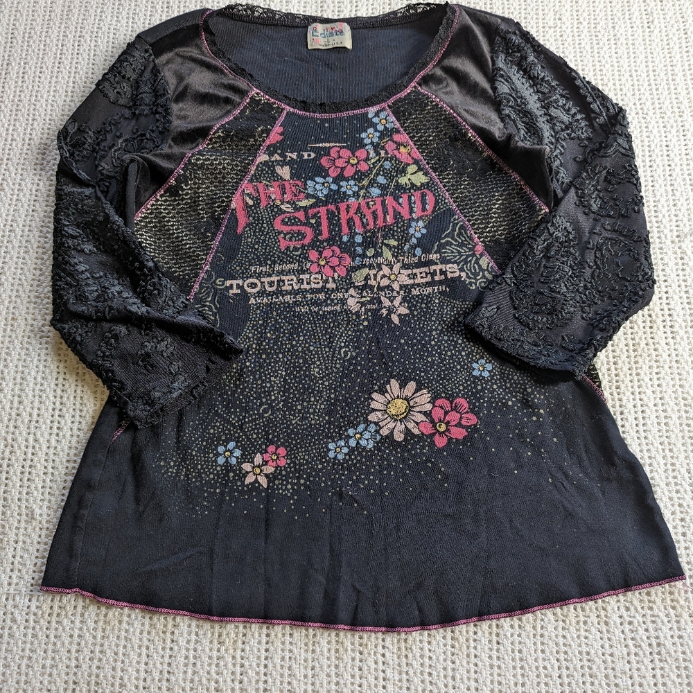 Edista Women's Graphic Shirt Large 3/4 Sleeve Strand Black Velour Lace USA